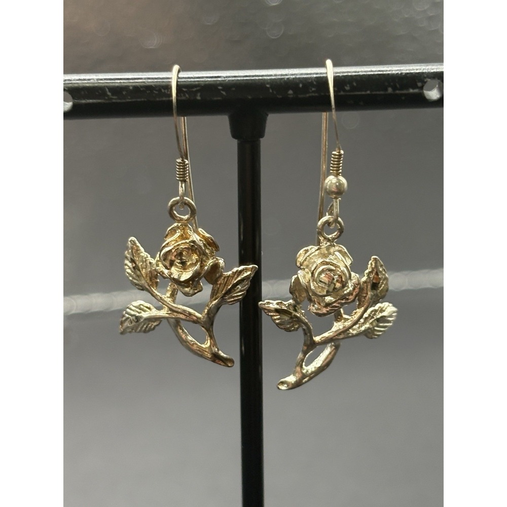 EUC Sterling Silver Rose Dangle Earrings 925 H11